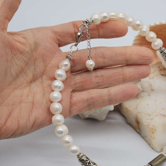 Genuine Stones Natural Pearl/Jasper/Coral Fossil Silver Pendant Necklace - Picture 5 of 11